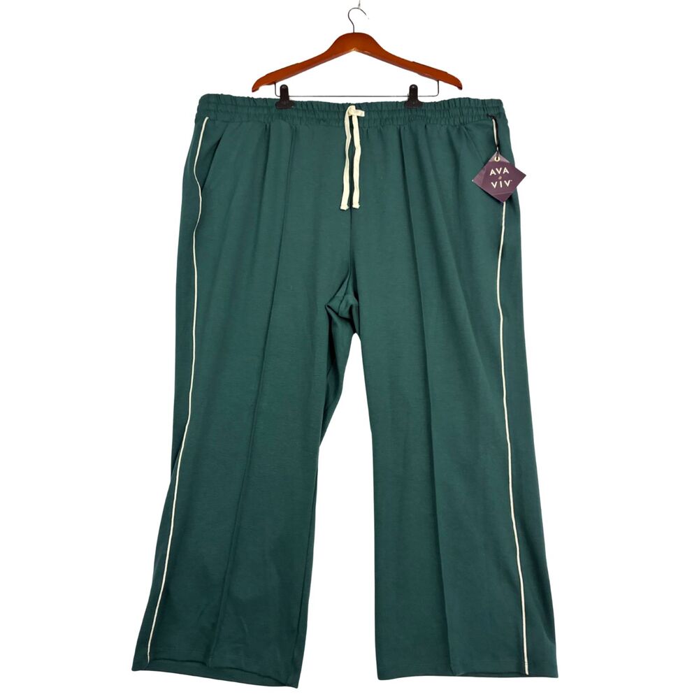 Ava & Viv Womens 4X Green Wide Leg Pull On Pants Elastic Waist Piping NWT